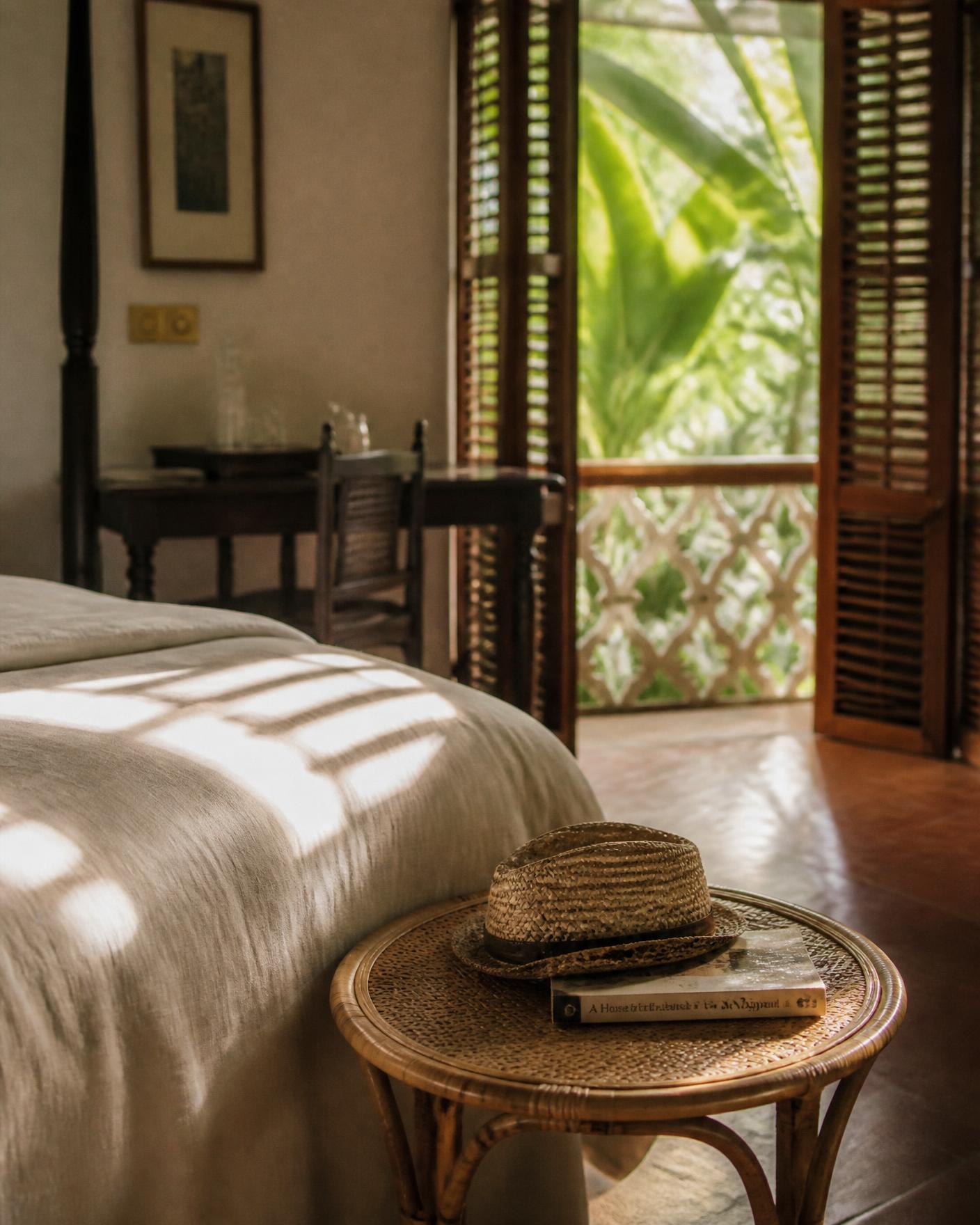 Linen bedding and shutter light across a terracotta floor in a Zenways room