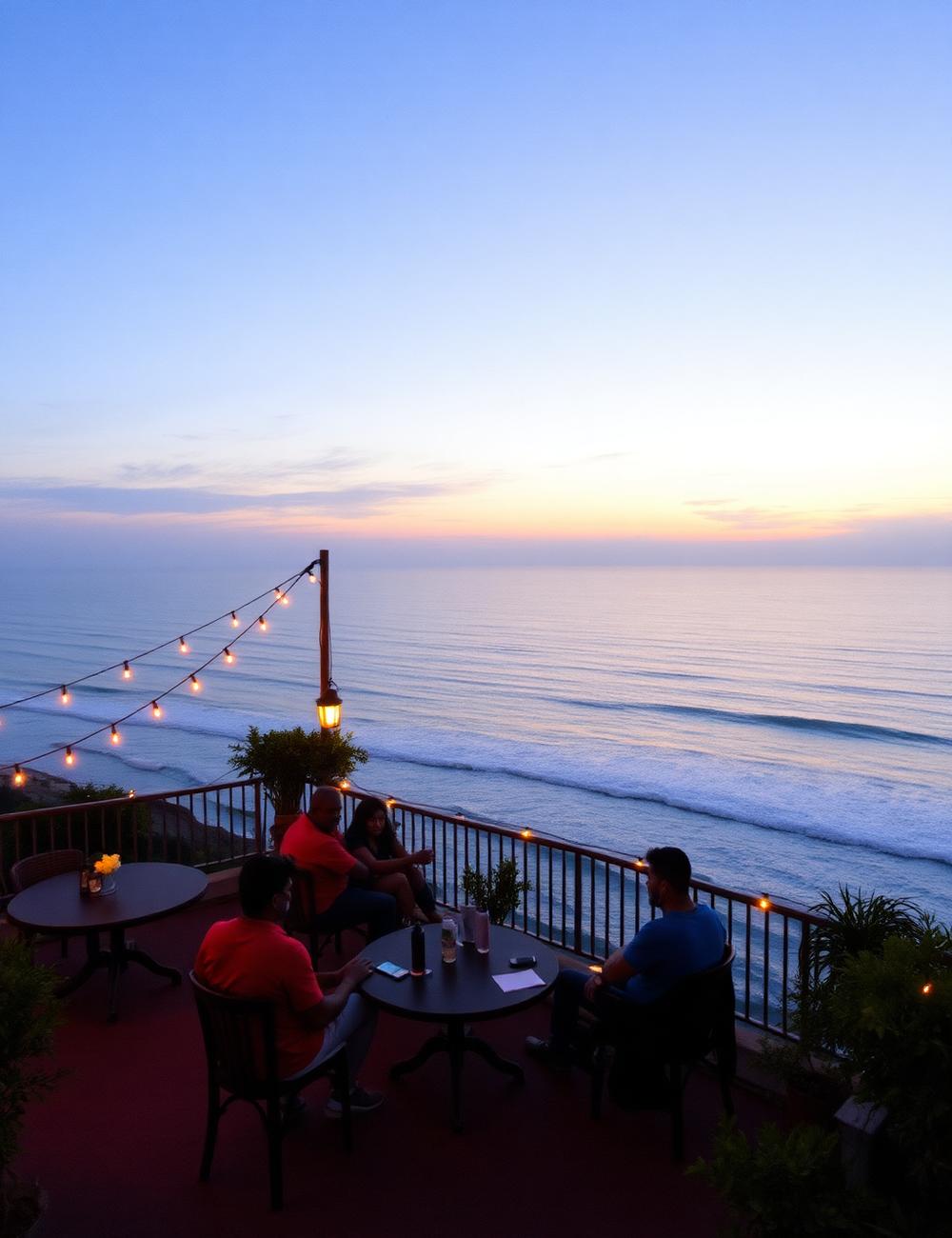 Cliffside cafe terrace with string lights