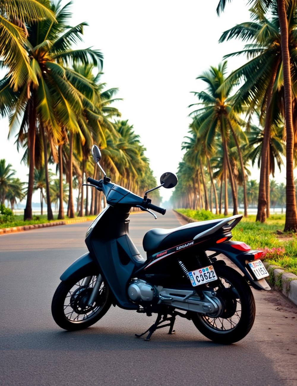 Scooter parked on a palm-lined coastal road north of Varkala