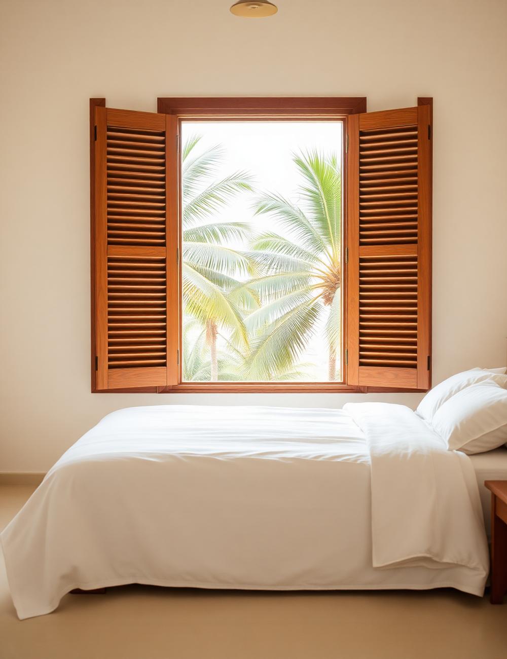 Tropical bedroom with wooden shutters open to the palms