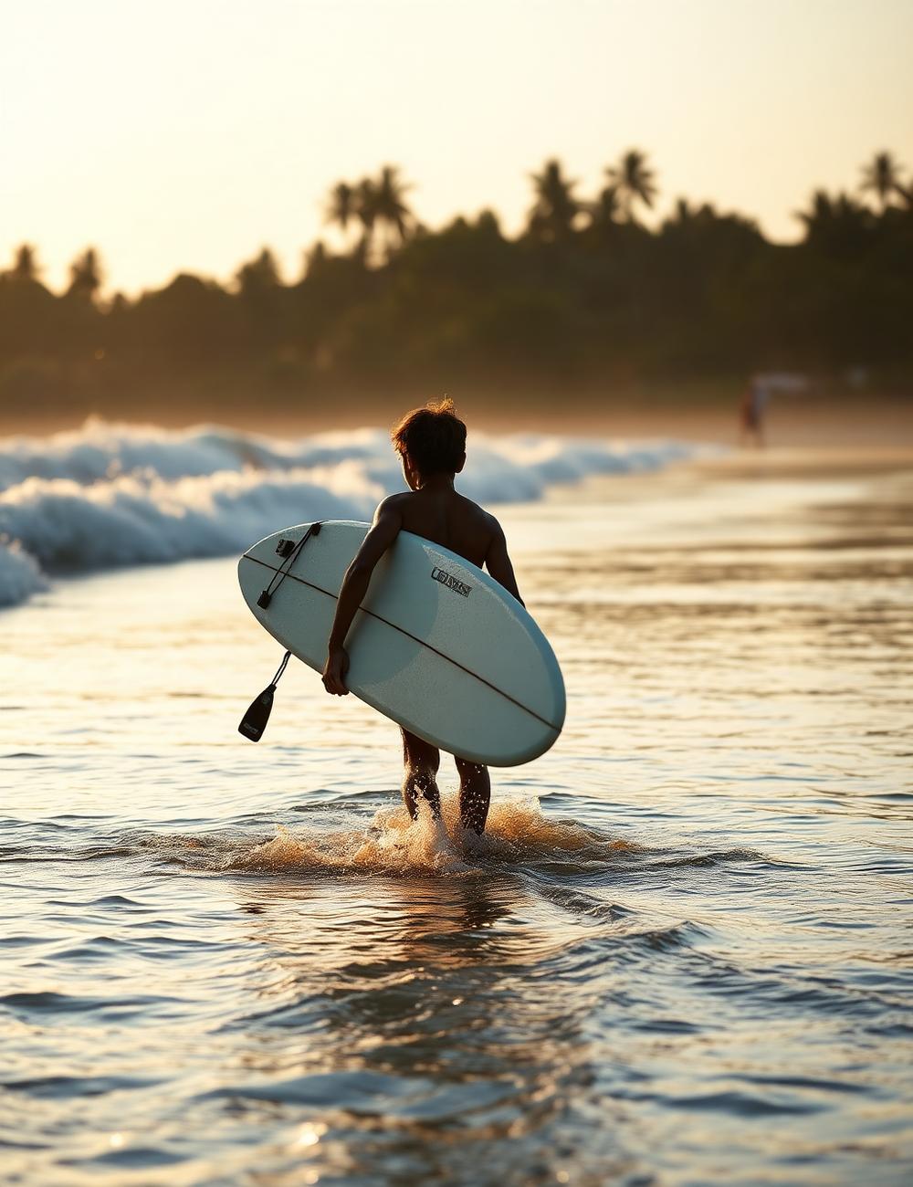 Surfer walking into the sea at first light in Varkala