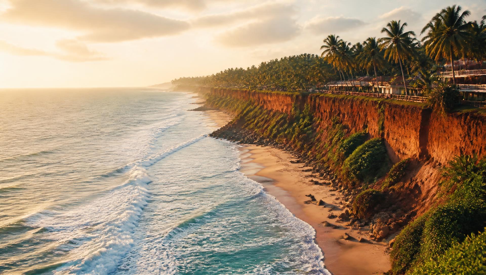 Varkala cliff and Arabian Sea at golden hour, Kerala