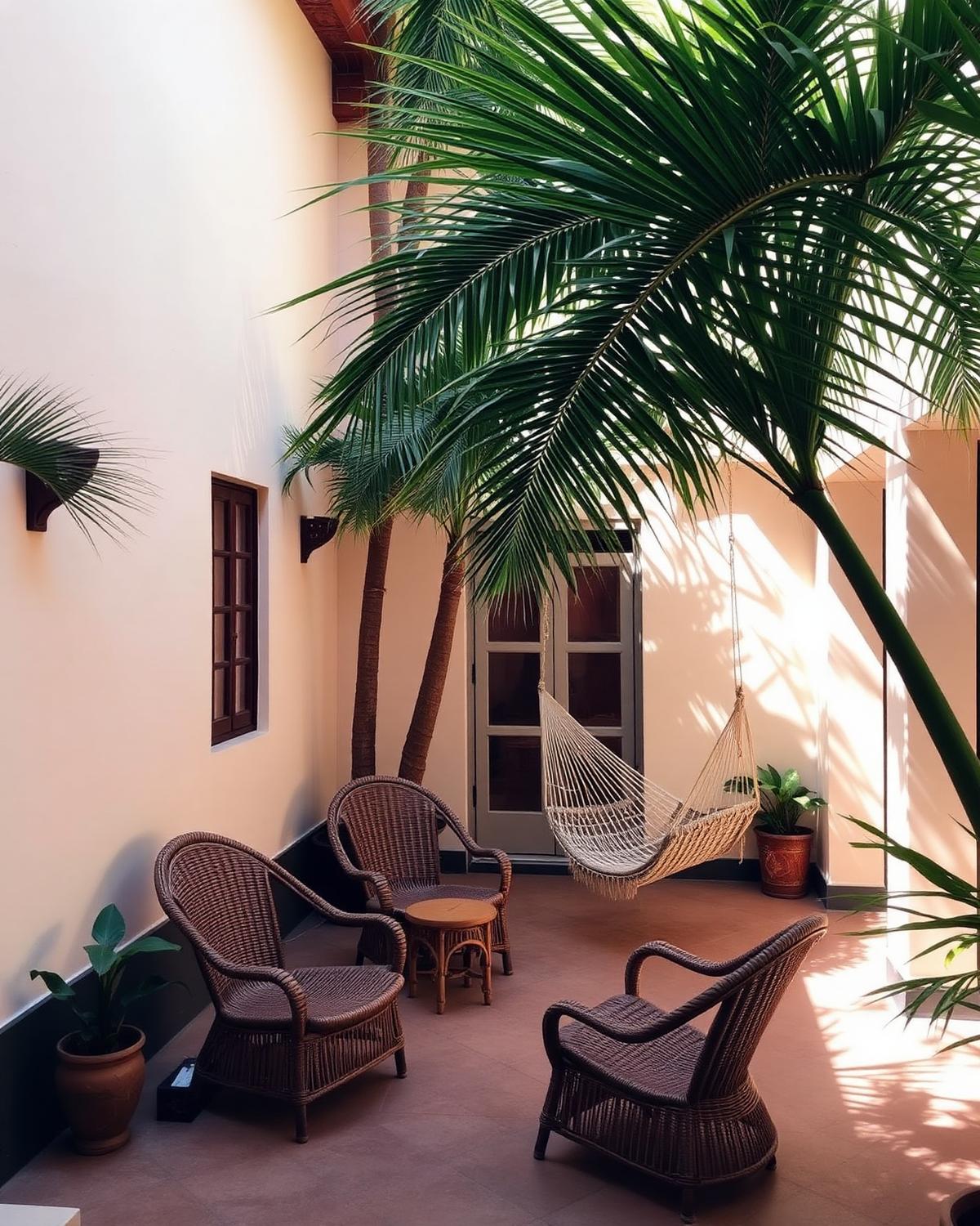 Shaded courtyard at Zenways with rattan chairs and a hammock under the palms