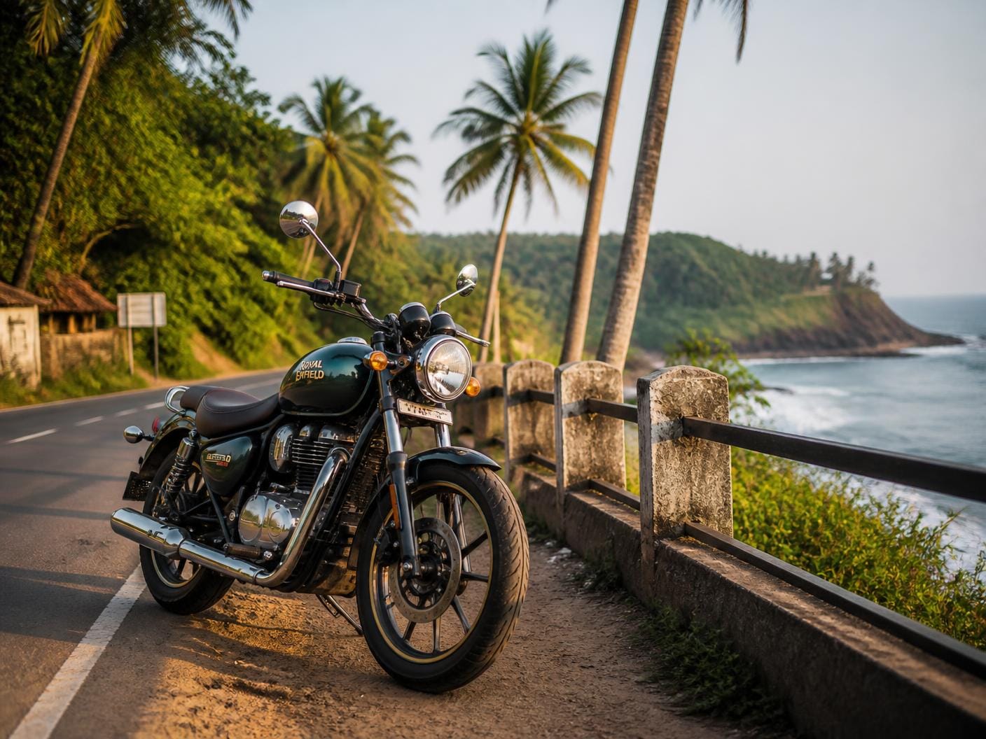 Royal Enfield Meteor motorcycle on a quiet coastal road near Varkala, Kerala