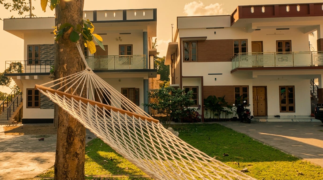 Hammock strung between the trees on the lawn between the two ZENWAYS houses at golden hour