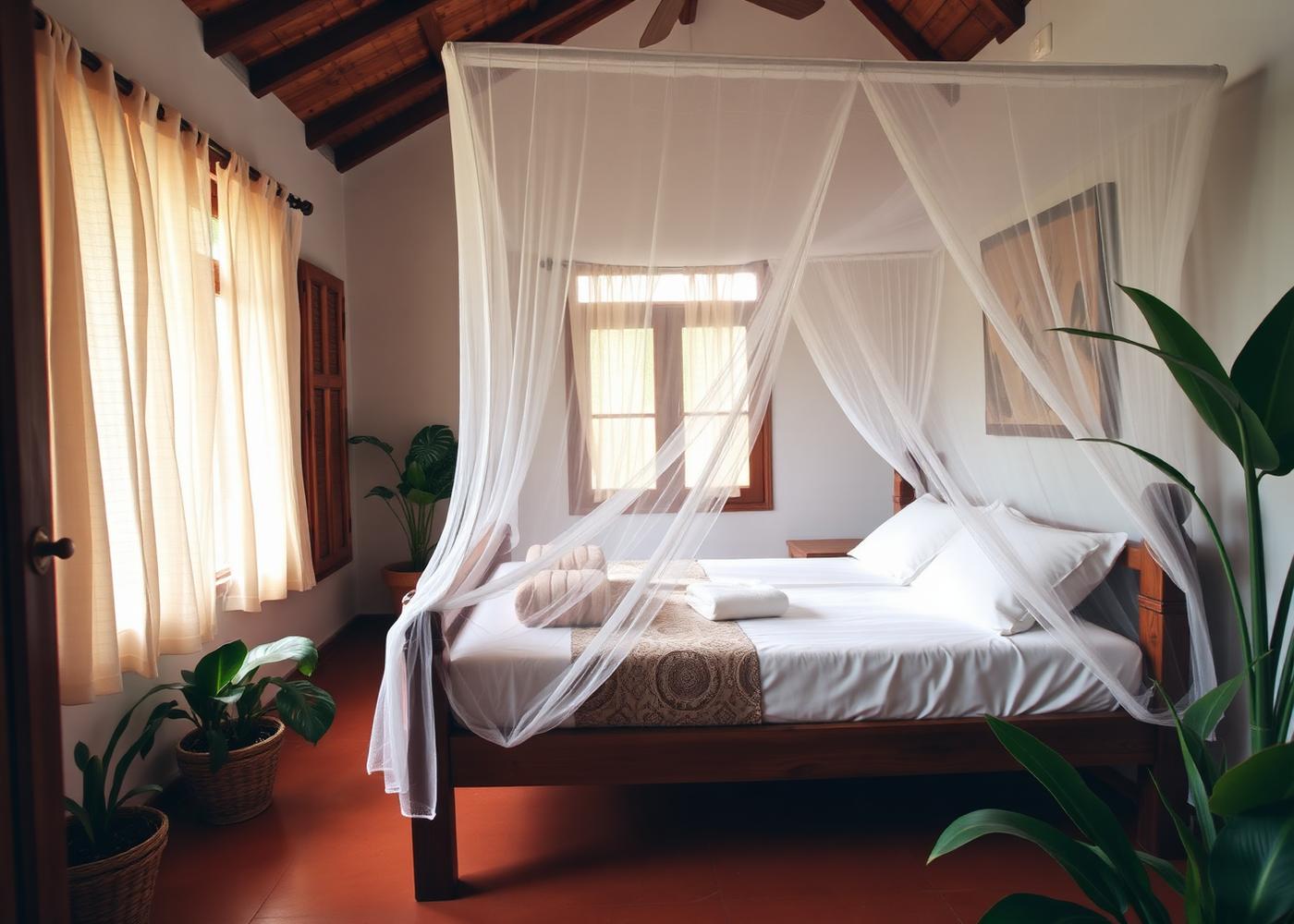 The Palm Room — queen bed with a mosquito net and warm morning light