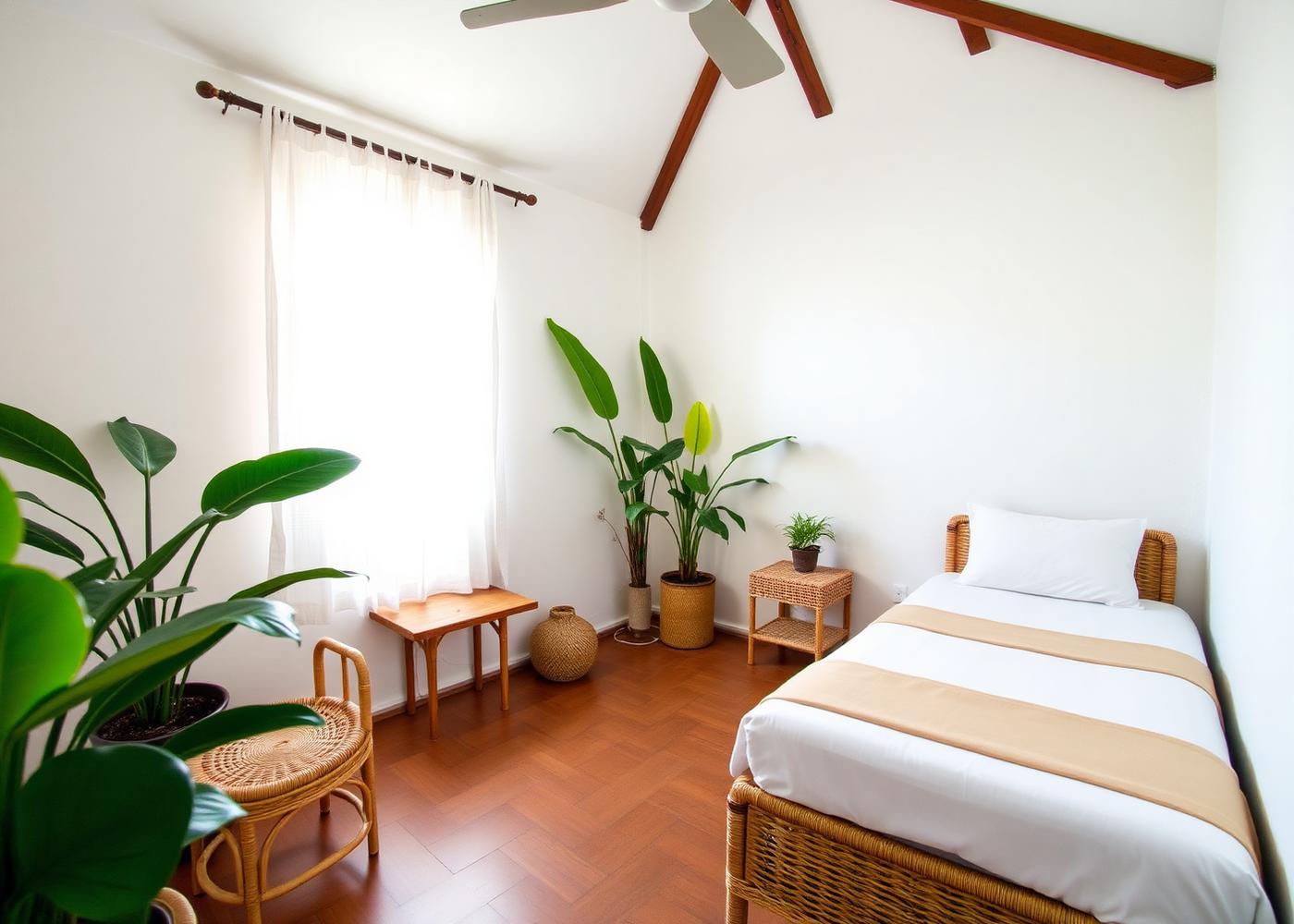 The Surf Room — bright twin beds with cane furniture and plants