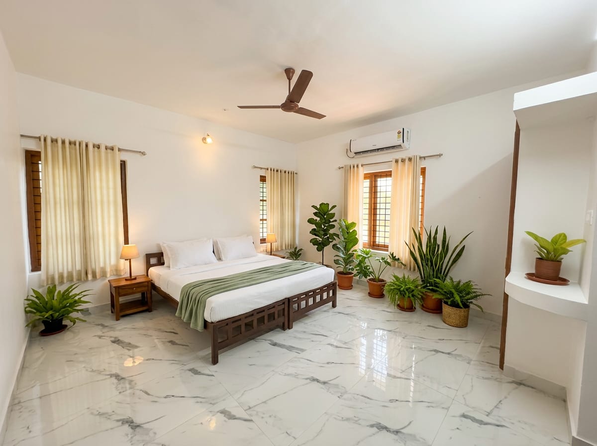 The Garden Room — twin beds with a wooden bedside table and lamp, potted palms and garden-facing windows