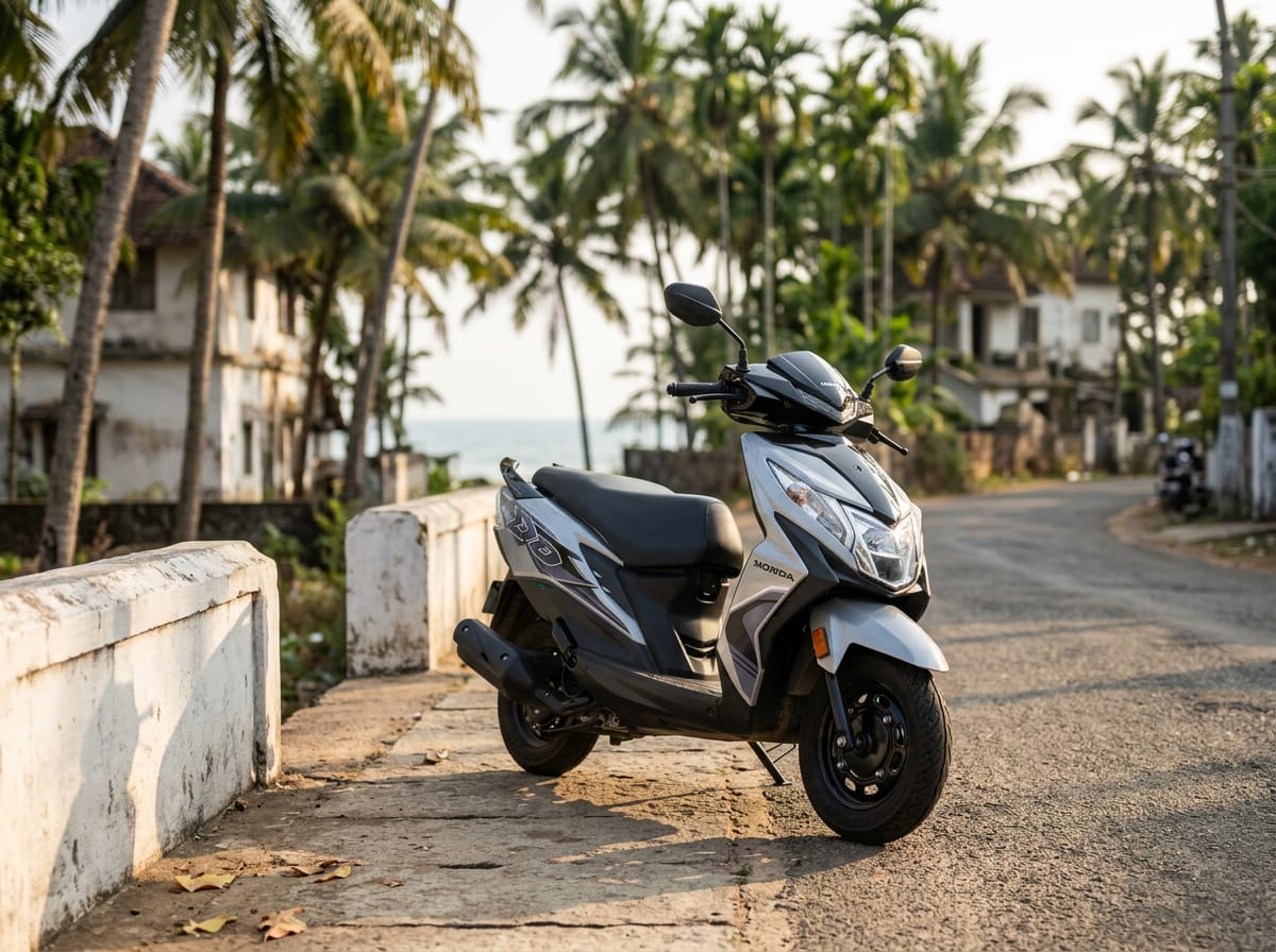 Grey Honda Dio scooter parked on a palm-lined coastal road in Varkala